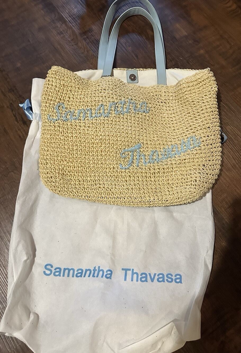 Samantha Thavasa Straw Tote Bag Blue Embroidery With Dust Bag Japan